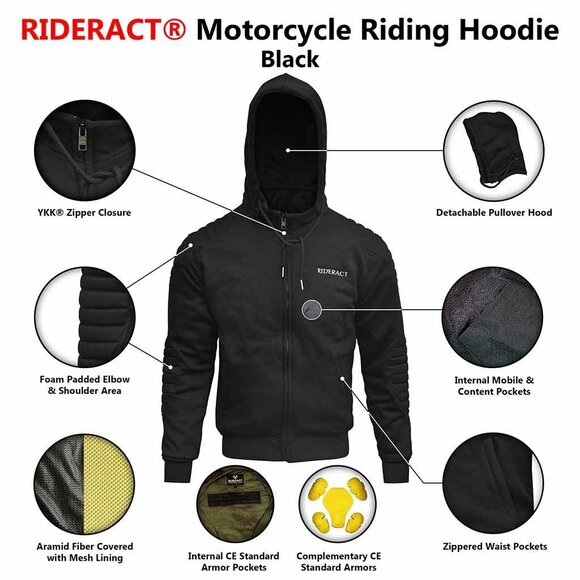 RIDERACT® Reinforced Hoodie  Motorcycle Armoured Winter Gear - Picture 7 of 8